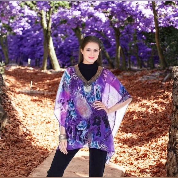Joan Boyce Purple Printed Chiffon Tunic V-Neck w/Silver Beaded Trim Missy NWT$99 - Picture 5 of 13